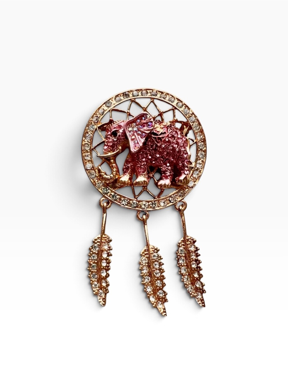 Pink Crystal Elephant Dreamcatcher Brooch in Rose Gold Tone Dangle Feathers